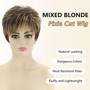 SEVENCOLORS Short Dark Brown Mixed Blonde Pixie Cut Wigs for Women Synthetic Layered Highlight Wigs with Bangs Natural Hair Replacement Wig