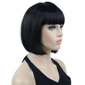 Lydell 8" Straight Short Bob Hair Flat Bangs Cute Central Dot Skin Top Heat Resistant Synthetic Wigs (Natural black)