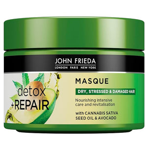John Frieda Detox &amp Repair Masque 250 ml Intensive Deep Conditioner for Dry Stressed and Damaged Hair Nourishing Hair Mask with Cannabis Sativa Seed Oil and Avocado