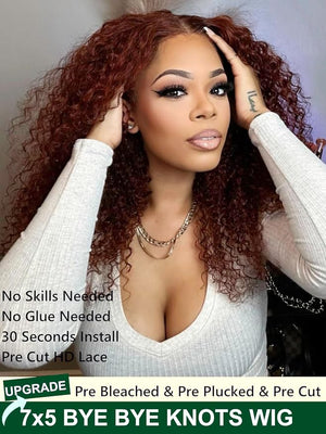 KLAIYI Bye Bye Knots Glueless Wig Reddish Brown Curly Pre Cut 7x5 Lace Front Wigs Human Hair Drawstring Pre Plucked Bleached 30S Ready to Wear and Go Wig Water Wave Beginner Wigs with Baby Hair 24Inch