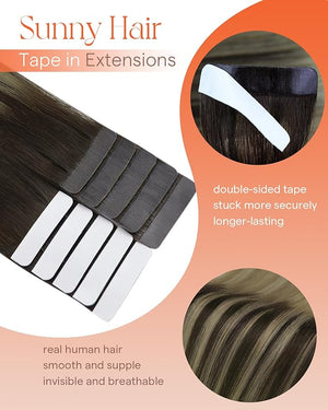 Sunny Invisible Tape in Hair Extensions Human Hair Dark Brown Ombre Golden Blonde Mix Platinum Blonde Tape Hair Extensions Real Human Hair 24inch Tape Hair Extensions 10Pcs 25G