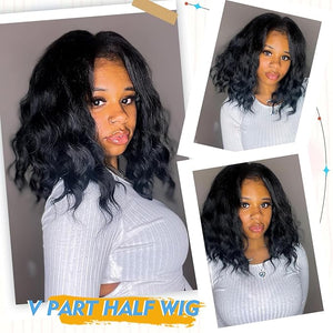 KRSI V Part Bob Wigs Short Black V U Part Wig No Sew in Glueless Clip in Hair Wigs for Black Women 16Inch Natural Looking Synthetic Bob Half Wig