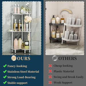 Consumest Corner Shower Caddy Standing - 3-Tier Stainless Steel Shower Organizer with Soap Holder and 4 Hooks Large Capacity Corner Shelf Stand for Bathroom Rest Room White