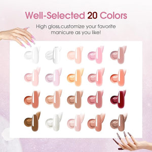 ROSALIND Light Pink Nude Poly Nail Gel Kit 0.34 oz/10 ml - 20 Colors White Brown Poly Extension Gel with Mini U V Lamp Builder Nail Gels Starter Kit with Nails Forms Base Coat Coat Beginners Set