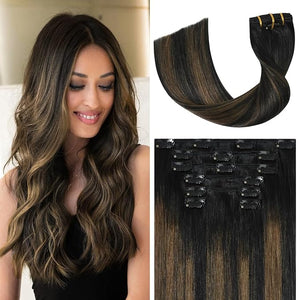 Black Brown Hair Extensions Real Human Hair Ombre Natural Black to Light Brown Highlight Black Hair Extensions 16 inch 120g 7pcs 9A Brazilian Hair Full Head Woman Clip ins