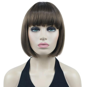 Lydell 8 Straight Short Bob Wigs Heat Resistant Synthetic Hair Flat Bangs Cute Central Dot Skin (10 Medium Golden Brown)