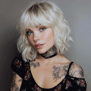 Short Ombre Blonde Bob Wigs for Women Wavy Blonde Wig with Bangs Ash Blond Wig Synthetic Hair Water Wave Medium Length Colorful Wigs£¨14 Inches£©