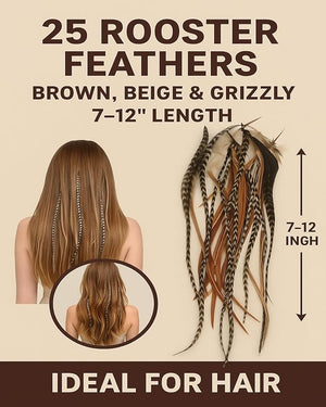 Sexy Sparkles Feather Hair Extension ? 25 Loose Long Natural Rooster Feathers in Brown, Beige, and Grizzly, All Individual Feathers, Ranging From 6 to 11 Inches in Length