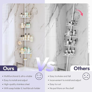 SWTYMIKI Shower Caddy Tension Pole - 4-Tier Corner Shower Organizer Tension Rod with Soap Holder Toothbrush Holder &amp 4 Hooks Adjustable Stainless Steel Bathroom Organizer 27.6 to 108.3 inch Whi