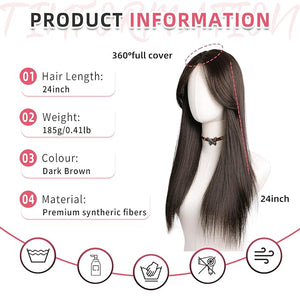 Toppers Hair Pieces for Women 24 Inch Long Straight Clip in Hair Toppers for Women Thinning Hairs Synthetic Hand-Tied Hairline Heat Resistant Layered Womens Wig Topper Add Volume Dark Brown