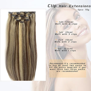 Brown mixed Blonde Human Hair Extension OiMiGO Highlight Clip in Hair Extensions Double Weft Handmade Straight Hair 5pcs 70g 100% Brazilian Virgin Human Hair for Women (#4T61318Inch)