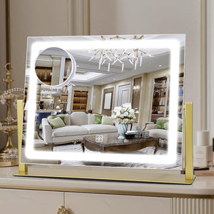 Vanity Mirror with Lights, 16"¡¿12" LED Makeup Mirror, HD Professional Mirror, 10X Magnification, Smart Touch with 3-Color Lighting, Dimmable, 360¡Æ Rotation, Lighted Up for Makeup Desk, Bedroom (Gold)
