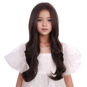 Kids Mixed Brown Wig Child Long Dark Brown Wavy Curly Wig Girls Chocolate Middle Part Wigs Heat Resistant Synthetic Wigs with Cap