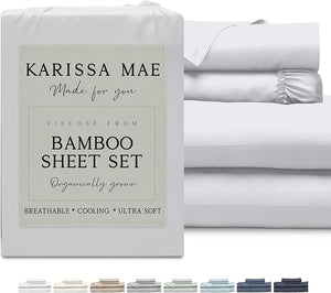 KARISSA MAE Cooling Bamboo Viscose King Size Sheet Set | 100% Organically Grown | 18¡± Deep Pocket | Silky Soft &amp Hypoallergenic | with Organizer Band &amp Elastic Corner Straps [White]