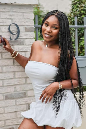 Mila Full Lace Bohemia Braided Wigs - 34 Human Hair Boho Curls and Synthetic Braids Hand-Tied Full Lace Knotless Natural Scalp Pre-Plucked - Black 1B