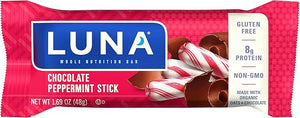 LUNA BAR - Gluten Free Snack Bars - Chocolate Peppermint Stick -8g of protein - Non-GMO - Plant-Based Wholesome Snacking - On the Go Snacks (1.69 Ounce Snack Bars 15 Count)