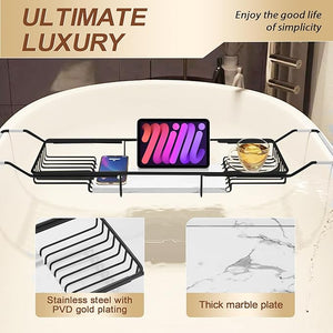 BVL Bathtub Tray Stainless Steel with Marble Base Matte Black Bathtub Tray with White Marble Base Adjustable &amp Rustproof Bath Caddy for Spa Relaxation Bath Bombs