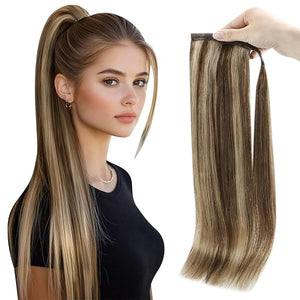 Full Shine Ponytail Extension Human Hair, Dark Brown Ombre Honey Blonde, Ponytail Clip in Hair Extensions, Long Straight Pony Tail Hair Pieces For Women 20Inch 80g