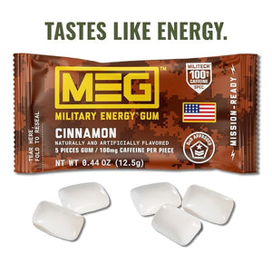 MEG (Military Energy Gum) - Cinnamon | Enhance Your Physical Performance with 100mg of Caffeine Per Piece Ultimate Boost for Workouts Alternative to Caffeinated Drinks | Pack of 18