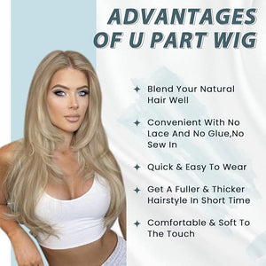 RUNATURE U Part Wig Human Hair Blonde Brazilian Real Remy Hair for Women Soft Straight U Part Human Hair Wig for Women 14 Inch 150% Density #16P22 Dark Ash Blonde Highlight Light Blonde