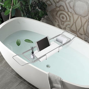Bathtub Tray, 304 Stainless Steel Over The Tub Bath Tray, Stainless Steel Shower CaddyTray with Removable Book Holder, for Shower Bath Holder Candleholder Table Shelf, Silver+White
