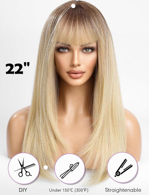 HAIRCUBE Long Layered Synthetic Hair Wigs for Women with Bang (Blonde with Dark Roots)