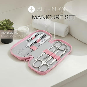 Manicure Set Solingen Made in Germany - 7 Piece Exclusive Finger &amp; Toe Nail Clippers Kit for Women and Men in Real Leather Case, Color Rosa