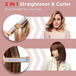 Prizm Professional 1 Hair Straightener and Curler 2 in 1 Ceramic Tourmaline Flat Curling Iron with 11 Adjustable Temperatures for More Hair Types Dual Voltage for Travel LCD Light Display Gold