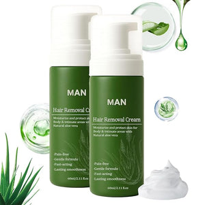 Man Hair Removal Cream with Natural Aloe Vera Natural Aloe Vera Quick Gentle Fast-Acting Hair Remover Mousse Moisturizing Nourishing Non-sticky for Face Multiple body parts (2PCS)