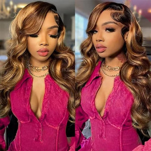 Lemoda 13x4 Full Lace Frontal Wig 180 Density Highlight Ombre Lace Front Wig Human Hair Body Wave Transparent Lace Pre Plucked Honey Blonde Human Hair Wigs for Women P4/27 Color 22 Inch