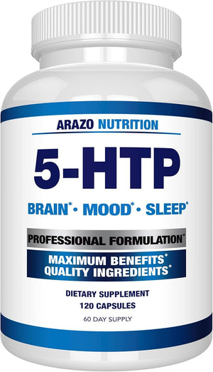5-HTP 200 MG Plus Calcium for Mood Sleep ? Supports Calm and Relaxed Mood ? 99% High Purity ? 120 Capsules ? Arazo Nutrition