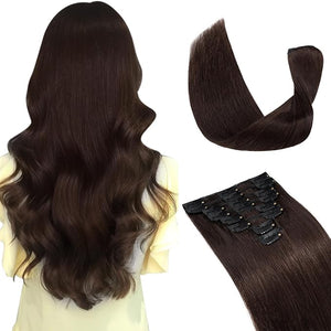 Hairro Clip in Hair Extensions 100% Human Hair Thin 14 Inch 60g Standard Weft 8 Pcs 18 Clips Straight Hair for Women Beauty #2 Dark Brown
