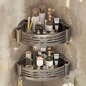 Corner Shower Caddy Suction CupShower Shelves with HooksNo Drilling Powerful Suction Bathroom Organizers and StorageRemovable Waterproof Rustproof Shower Bathroom Accessories Decor(Grey 2Pack)