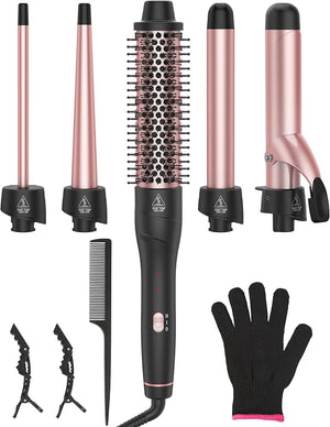 ANIEKIN 5 in 1 Curling Iron Set Fast Heat Up Curling Wand from 3/8 to 1 1/4 Inch and a Thermal Brush Come with Dual Voltage Hair Curler for Women All Hair Types and Travel Use Gifts for Women