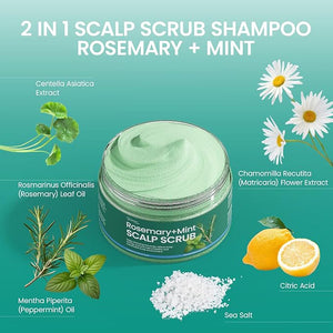 Rosemary Mint Scalp Scrub &amp Shampoo - 2-in-1 Exfoliating Hair Treatment with Silicone Scalp Massager