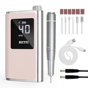 BETE Professional Nail Drill 40000 RPM Cordless Electric Nail File Kit with 6 Bits Rechargeable Efile for Acrylic Gel Nails Polishing Manicure Tools for Salon Home Use Pink