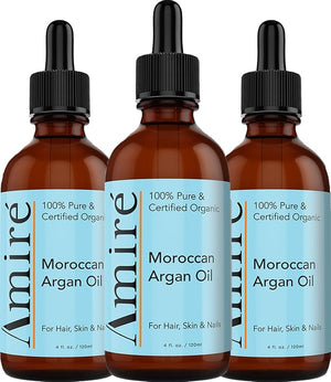 Amire 3 Pack of USDA Certified Organic Argan Oil 4oz Triple Extra Virgin Grade Moroccan Argan Oil for Skin Face &amp Nails. Moisturizer. Scalp Treatment Hair Oil for Dry Damaged Brittle Hair.
