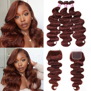 UNICE Reddish Brown Body Wave Human Hair 3 Bundles with 4x4 lace closure Free Part Brazilian Remy Hair Copper Red Wavy Bundles and Closure Colored Human Hair Extensions 16 16 18+14 inch Closure