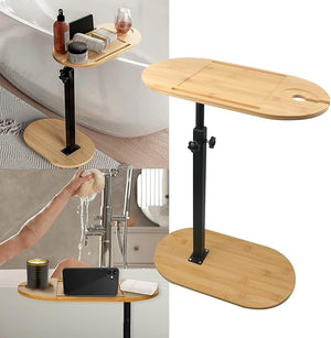 Natural Bamboo Bathtub Tray Caddy Stand - 0.47in Thick Adjustable Height Bath Table with Wine Glass Holder Expandable Freestanding Design for Spa Relaxation Bathing &amp Reading