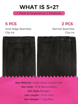 Lashey Invisi Edge &amp Seamless Clip in Hair Extensions Human Hair 16 Inch 110g 7pcs(5pcs Invisi Edge&amp 2pcs Seamless) Real Virgin Human Hair Extensions Natural Black Straight Hair