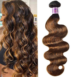 UNice Ombre Brown Highlight Body Wave Human Hair Weave 1 bundle 24 inch Brazilian Remy Hair Dark Root Blonde Human Hair Weaves Extension Piano Color TFB30