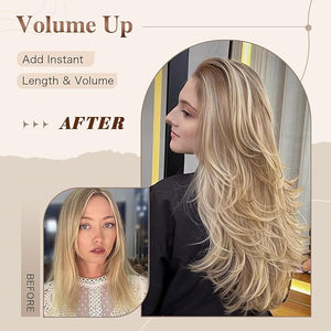 Platinum Blonde Highlight Ombre Light Brown Wig Long Wavy Layererd Wigs with Curtain Bangs for White Black WomenSynthetic Blonde Highlight Layered Wig for Daily Party Use 24Inch