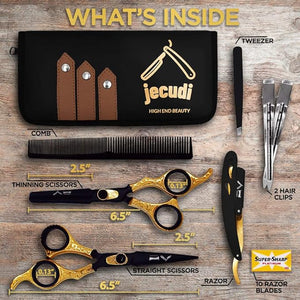 Professional Hair Cutting Scissors Set 6.5 Inch- Handmade Japanese Stainless Steel Includes Barber ScissorsTweezers Razor 10 Blades Comb 2 Hair Clips &amp Cleaning Cloth.