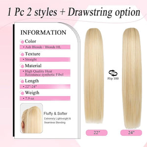 Ponytail Extension, 24" Long Straight Claw Clip Ponytail Extension clip on ponytails hair clip Hair claw clip Fake Ponytail Hairpieces for Women - Ash Blonde with Blonde HL