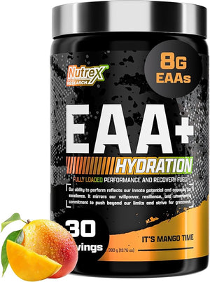 Nutrex Research EAA Hydration | EAAs + BCAA Powder | Muscle Recovery, Strength, Muscle Building, Endurance | 8G Essential Amino Acids + Electrolytes | 30 Servings It's Mango Time