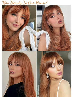 Honygebia Ginger Wig with Bangs - Auburn Wigs for Women Copper Red Long Straight Layered Hair Light Honey Blonde Dark Roots Natural Synthetic Heat Resistant Wigs for Halloween/Christmas/Party