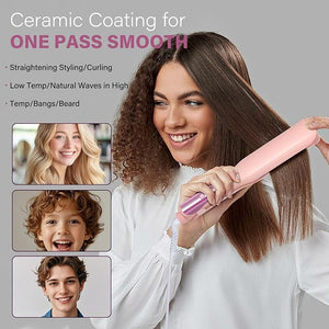 Hair Straightener 1.5¡± Flat Iron and Curler 2 in 1 Ceramic Coating Quick Heat Up 4 Temp. Options for All Hair Type Less Frizz Shinier and Smoother Dual Voltage for Travel (Pink)