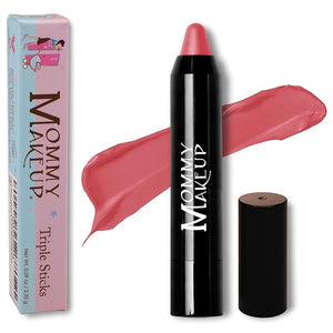 Mommy Makeup Triple Sticks Lipstick, Cream Blush &amp; Treatment All-In-One with Shea &amp; Cocoa Butter - Soft &amp; Creamy Moisturizing Lip Crayon For Lips &amp; Cheeks (Paris Pink)