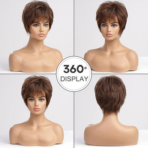 EMMOR Short Brown Human Hair Wigs Blend with Healthy Memory Fiber Pixie Curly Wig With Bang,Natural Daily Use Hair (Brown)