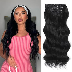 Vigorous Clip in Hair Extensions Black Long Wavy Hairpieces 20Inch Hair Extensions Clip Ins Soft Synthetic Hairpieces for Women (7Pcs)